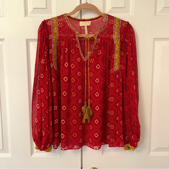Verb Pallavi Lulita Anthropologie Semi Sheer Brick Red Peasant Blouse Top - Picture 3 of 16